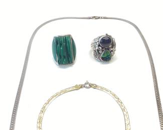 VINTAGE NATIVE AMERICAN STERLING SILVER RINGS WITH NECKLACE AND BRACELET 60.06 TOTAL GRAMS SIZE 11.5 AND 10.5 MALACHITE NEEDS REPAIR JP IS THE DESIGNER AND MICHEL CALLADITTO IS THE ABALONE AND ONYX DESIGNER