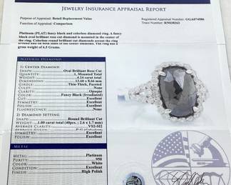 PLATINUM FANCY BLACK & COLORLESS DIAMOND RING, SIZE 7, 4.24ct FANCY BLACK DIAMOND, 1.00cts COLORLESS DIAMONDS, 6.5g TOTAL WEIGHT, GGA APPRAISAL $7,820.00