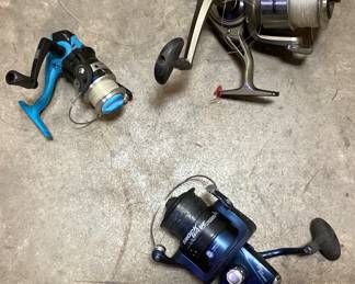 ASSORTED FISHING RODS & REELS, BAIT BUCKET, PIER CART & DIY CART SHOCK WAVE PRO, ZEBCO, OZARK TRAIL, SHAKESPEARE- CONTENDER, ALPHA, TIGER,