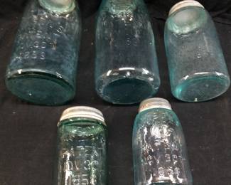 (5) ANTIQUE MASONS FRUIT JARS PATENT NOV 30th, 1858 w ZINC LIDS