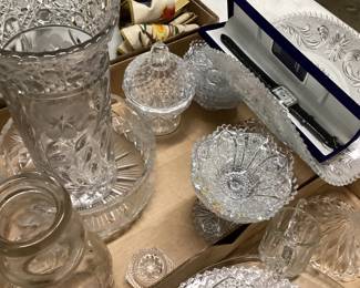 CHOICE LOT OFF TABLE, VTG. CUT TO CLEAR GLASSWARE, ANTIQUE CUTTING BOARD, LAZY SUSAN, VTG. BOTTLES, MENS WATCH, SILVERPLATE FLATWARE, STONEWARE POTTERY TABLE LAMPS