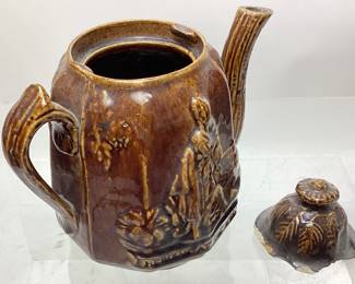ANTIQUE BENNINGTON GLAZED POTTERY TEAPOT REBEKAH AT THE WALL TEAPOT WITH LID. THE LID DOES HAVE SOME CHIPS UNDERNEATH