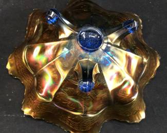 EARLY 1900s FENTON BLUE CARNIVAL GLASS TWO FLOWERS BOWL, 11in