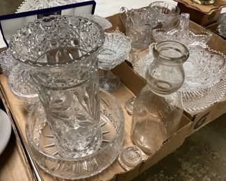 CHOICE LOT OFF TABLE, VTG. CUT TO CLEAR GLASSWARE, ANTIQUE CUTTING BOARD, LAZY SUSAN, VTG. BOTTLES, MENS WATCH, SILVERPLATE FLATWARE, STONEWARE POTTERY TABLE LAMPS