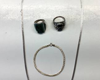 VINTAGE NATIVE AMERICAN STERLING SILVER RINGS WITH NECKLACE AND BRACELET 60.06 TOTAL GRAMS SIZE 11.5 AND 10.5 MALACHITE NEEDS REPAIR JP IS THE DESIGNER AND MICHEL CALLADITTO IS THE ABALONE AND ONYX DESIGNER