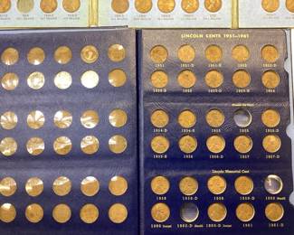 LARGE PENNY COLLECTION FROM 1909 TO 1968 WHEAT PENNIES TO LINCOLN MEMORIAL. GREAT COLLECTORS BOOKS AND JAR OF WHEAT PENNIES