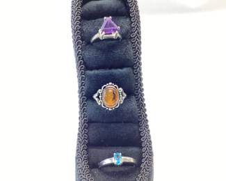 3 VINTAGE STERLING SILVER RINGS, AMETHYST, AMBER, TOPAZ , SIZE 6.5, 7.5, 9 TOTAL GRAMS 9.47