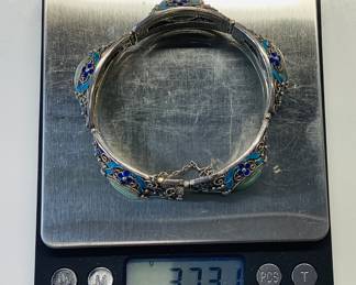 VTG CUSTOM SILVER JADE AND ENAMEL BRACELET THIS HANDCRAFTED SILVER BRACELET FEATURES 5 GORGEOUS CABOCHON JADE STONES WITH INTRICATE ENAMEL DECORATION AND DETAIL. WEIGHT IS 37.3 GRAMS