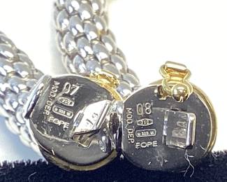 FOPE 18K TWO TONE CHAIN AND BRACELET 103.35 GRAMS MADE BY FOPE IN VINCENZA ITALY FROM THEIR PRIMA LINE. THIS ELEGANT FLEX’IT 18K WHITE AND YELLOW GOLD CHAIN AND BRACELET MAKES A BOLD STATEMENT ANY WHERE IN THE WORLD. THE CHAIN IS 17 3/4 INCHES WEIGHING 65.7 GRAMS AND BRACELET IS 8 1/4 INCHES WEIGHING 37.6 GRAMS. THESE PIECES CAN BE COMBINE AS AN EXTRA EXTRAVAGANT CHAIN OR AS TWO HEAD TURNING PIECES JEWELRY.