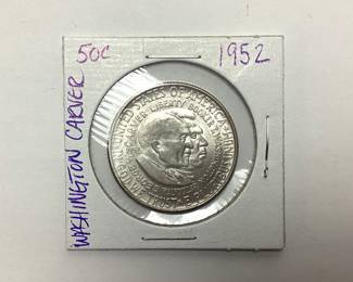 1952 G. WASHINGTON CARVER, BOOKER T WASHINGTON 50C IN CELEBRATION OF BLACK HISTORY MONTH WE ARE PROUD TO FEATURE THIS WONDER SILVER COIN. THIS COIN FEATURE GEORGE WASHINGTON CARVER AND BOOKER T. WASHINGTON. TWO GROUNDBREAKING MEN WE ARE PROUD TO HONOR.
