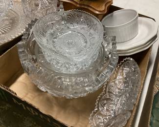 CHOICE LOT OFF TABLE, VTG. CUT TO CLEAR GLASSWARE, ANTIQUE CUTTING BOARD, LAZY SUSAN, VTG. BOTTLES, MENS WATCH, SILVERPLATE FLATWARE, STONEWARE POTTERY TABLE LAMPS