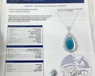 PLATINUM JADEITE JADE & DIAMOND PENDANT w CHAIN, 10.18ct JADE, 0.55cts DIAMONDS, 11.3g TOTAL WEIGHT, GGA APPRAISAL $18,940.00