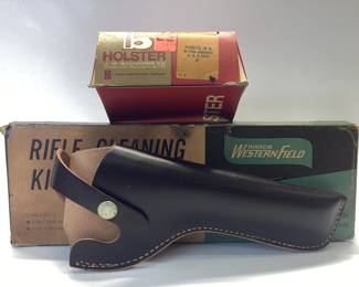 BUCHEIMER PACEMAKER HOLSTER PM18 HOLSTER FOR HARRINGTON AND RICHARDSON 999 WITH 6 INCH BARREL. INCLUDES VTG. RIFLE CLEANING KIT FOR 30 CALIBER