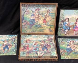 ANTIQUE WOODEN BLOCK PUZZLE SET, 6 STORY SET FOR THE DIFFERENT SIDES OF THE BLOCKS, COMPLETE WITH BOX
