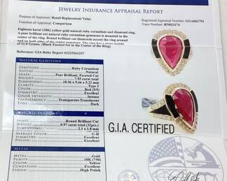 18KT YELLOW GOLD RUBY & DIAMOND RING, SIZE 7.5, G.I.A. CERTIFIED HEATED RUBY, 7.55ct RUBY, 0.97cts DIAMONDS, 12g TOTAL WEIGHT, GGA APPRAISAL $20,760.00