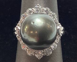 14KT WHITE GOLD TAHITIAN PEARL & DIAMOND RING, SIZE 5.75, 1.00cts DIAMONDS, 8.5g TOTAL WEIGHT, AIGL APPRAISAL $10,397.00