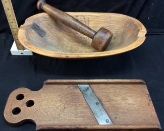 (3) VTG.1996 KEITH JONES WOOD DOUGH BOWL, MASHER/PESTLE, CABBAGE/KRAUT CUTTER