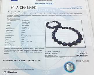 TAHITIAN PEARL NECKLACE w 14KT WHITE GOLD CLASP, 18in L, G.I.A. CERTIFIED, 83.3g TOTAL WEIGHT, AIGL APPRAISAL $9,800.00