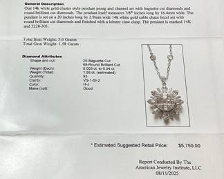 14KT WHITE GOLD DIAMOND PENDANT w CABLE CHAIN BEZEL, 20in L, 1.56cts TOTAL DIAMONDS, 5.6g TOTAL WEIGHT, AJI APPRAISAL $5,750.00