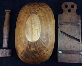 (3) VTG.1996 KEITH JONES WOOD DOUGH BOWL, MASHER/PESTLE, CABBAGE/KRAUT CUTTER