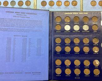 LARGE PENNY COLLECTION FROM 1909 TO 1968 WHEAT PENNIES TO LINCOLN MEMORIAL. GREAT COLLECTORS BOOKS AND JAR OF WHEAT PENNIES