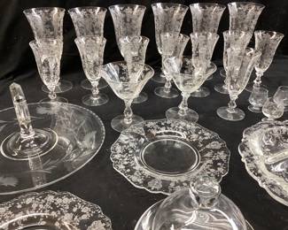 VTG. CAMBRIDGE ROSE POINT ETCHED CRYSTAL GLASS STEMWARE AND PLATES, DEPRESSION ERA ETCHED FLORAL PLATTER, PRINCESS HOUSE COVERED BUTTER OR CHEESE DISH NO SHIPPING PICKUP ONLY