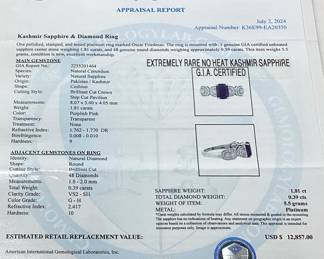 PLATINUM SAPPHIRE & DIAMOND RING, SIZE 7, EXTREMELY RARE G.I.A. CERTIFIED NO HEAT KASHMIR SAPPHIRE, 1.81ct SAPPHIRE, 0.39cts DIAMONDS, 5.5g TOTAL WEIGHT, AIGL APPRAISAL $12,857.00