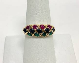 14k RUBY, SAPPHIRE, EMERALDS RING SZ.8 THIS RING FEATURES 4 RUBIES, 5 SAPPHIRES AND 4 EMERALDS. APPROX 10pt STONES EACH AND WEIGHS 4.5 GRAMS