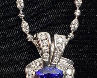 14KT WHITE GOLD TANZANITE & DIAMOND PENDANT w CHAIN, 3.01ct TANZANITE, 0.50cts DIAMONDS, 14.8g TOTAL WEIGHT, GGA APPRAISAL $28,930.00