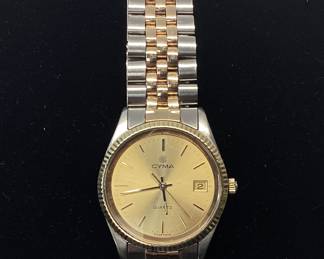 VTG. CYMA WATCH 14k BEZEL AND JUBILEE CENTER LINKS WORKING CYMA QUARTZ WATCH WITH DATE WINDOW. FEATURES A CLASSIC ROLEX STYLE JUBILEE BAND. PERFECT VALENTINES GIFT FOR ANY DISTINGUISHED GENTLEMAN .