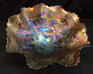 EARLY 1900s FENTON BLUE CARNIVAL GLASS TWO FLOWERS BOWL, 11in