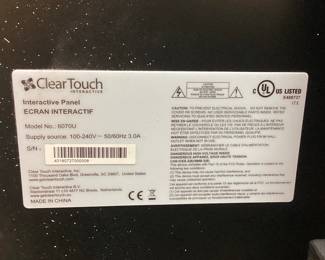 70in CLEAR TOUCH INTERACTIVE FLAT PANEL DISPLAY ON MOBILE CART, MODEL 6070U, TOUCHSCREEN, NO STYLUS TESTED & GOOD WORKING CONDITION, POWERS ON & SWITCHES TO DIFFERENT APPS STARTING BID IS THE RESERVE NO SHIPPING PICKUP ONLY