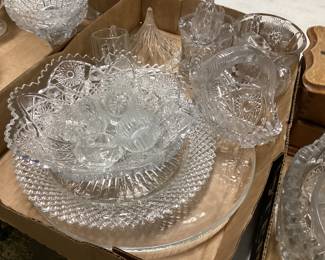 CHOICE LOT OFF TABLE, VTG. CUT TO CLEAR GLASSWARE, ANTIQUE CUTTING BOARD, LAZY SUSAN, VTG. BOTTLES, MENS WATCH, SILVERPLATE FLATWARE, STONEWARE POTTERY TABLE LAMPS