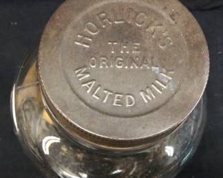 VTG. HORLICK’S MALTED MILK GLASS JAR & ORIGINAL METAL LID,10.5in H