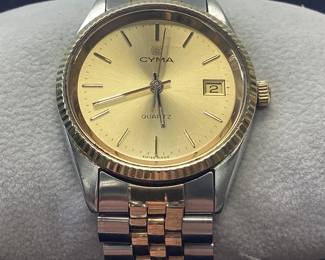 VTG. CYMA WATCH 14k BEZEL AND JUBILEE CENTER LINKS WORKING CYMA QUARTZ WATCH WITH DATE WINDOW. FEATURES A CLASSIC ROLEX STYLE JUBILEE BAND. PERFECT VALENTINES GIFT FOR ANY DISTINGUISHED GENTLEMAN .