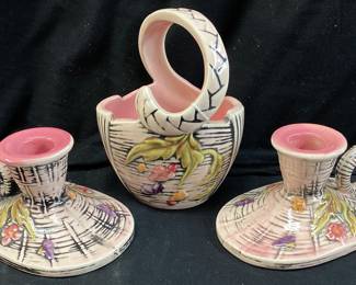 (3) VTG. HULL POTTERY BLOSSOM FLITE BASKET & CANDLE HOLDERS
