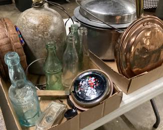 CHOICE LOT OFF TABLE, VTG. CUT TO CLEAR GLASSWARE, ANTIQUE CUTTING BOARD, LAZY SUSAN, VTG. BOTTLES, MENS WATCH, SILVERPLATE FLATWARE, STONEWARE POTTERY TABLE LAMPS