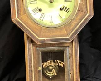 ANTIQUE WOODEN REGULATOR A, WALL CLOCK, ANSONIA CLOCK COMPANY, MISSING DIAL COVER, HAS KEY