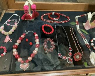LARGE ASSORTED VALENTINES COSTUME JEWELRY LOT, NECKLACES, BRACELETS, RINGS, EARRINGS, CHICOS, J CREW, ETC.