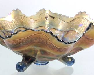 EARLY 1900s FENTON BLUE CARNIVAL GLASS TWO FLOWERS BOWL, 11in