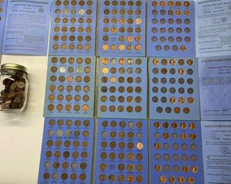 LARGE PENNY COLLECTION FROM 1909 TO 1968 WHEAT PENNIES TO LINCOLN MEMORIAL. GREAT COLLECTORS BOOKS AND JAR OF WHEAT PENNIES