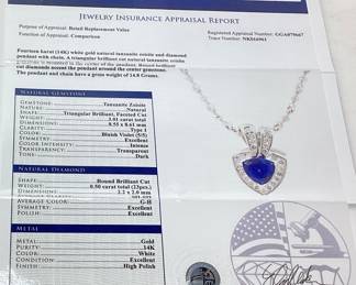 14KT WHITE GOLD TANZANITE & DIAMOND PENDANT w CHAIN, 3.01ct TANZANITE, 0.50cts DIAMONDS, 14.8g TOTAL WEIGHT, GGA APPRAISAL $28,930.00