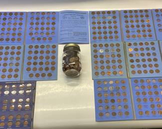LARGE PENNY COLLECTION FROM 1909 TO 1968 WHEAT PENNIES TO LINCOLN MEMORIAL. GREAT COLLECTORS BOOKS AND JAR OF WHEAT PENNIES