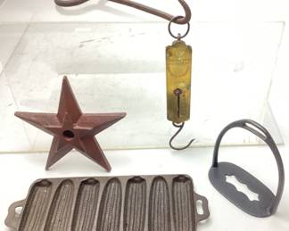 ASSORTED COLLECTIBLES, ANTIQUE HAY OR MEAT HOOK, ANTIQUE BRASS HANGING SCALE MADE BY MORTON & BREMNER, CAST IRON CORNBREAD OR CORN STICK PAN, ANTIQUE CAST IRON STIRRUP, LARGE CAST WESTERN STAR