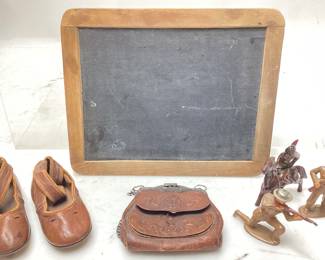 ASSORTED COLLECTIBLES, VTG. SLATE SCHOOL CHALKBOARD, VTG. LEATHER DOLL HANDBAG & LEATHER DOLL SHOES, 3 VTG. MANOIL OR BARCLAY LEAD DIMESTORE SOLDIERS, INDIAN WARRIOR ON HORSEBACK