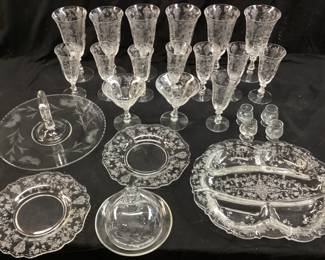 VTG. CAMBRIDGE ROSE POINT ETCHED CRYSTAL GLASS STEMWARE AND PLATES, DEPRESSION ERA ETCHED FLORAL PLATTER, PRINCESS HOUSE COVERED BUTTER OR CHEESE DISH NO SHIPPING PICKUP ONLY
