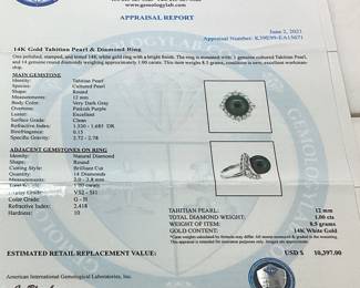 14KT WHITE GOLD TAHITIAN PEARL & DIAMOND RING, SIZE 5.75, 1.00cts DIAMONDS, 8.5g TOTAL WEIGHT, AIGL APPRAISAL $10,397.00