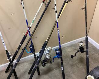 ASSORTED FISHING RODS & REELS, BAIT BUCKET, PIER CART & DIY CART SHOCK WAVE PRO, ZEBCO, OZARK TRAIL, SHAKESPEARE- CONTENDER, ALPHA, TIGER,