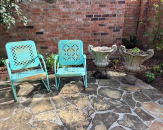 Vintage chair, rocker. Concrete urns