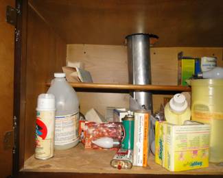 Cabinets filled with cleaning supplies